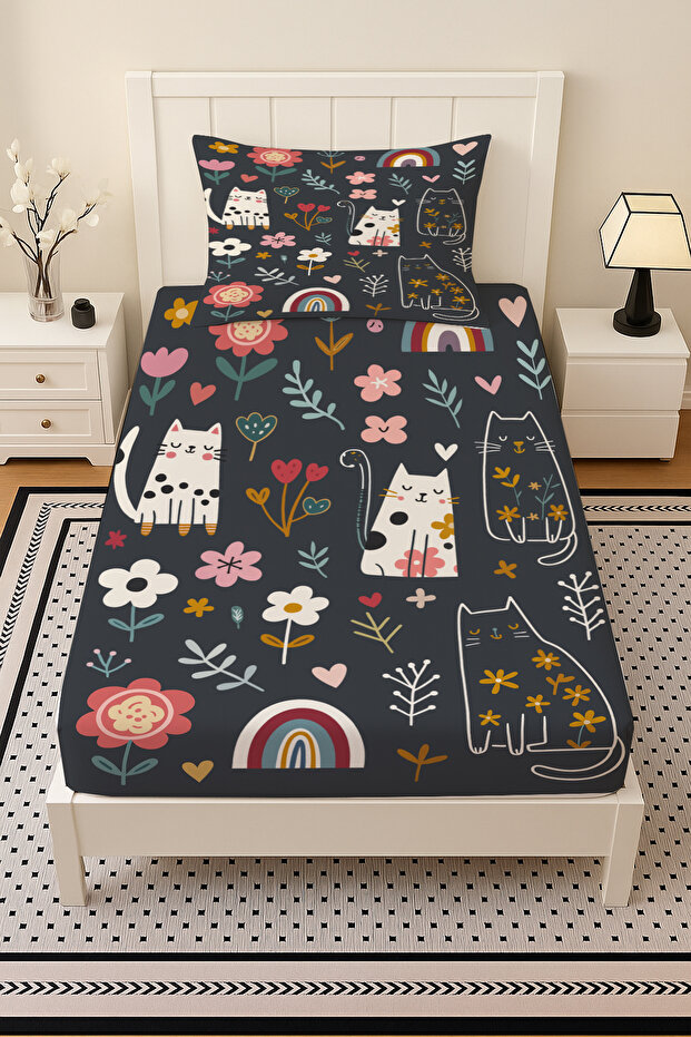Mystical Cat Patterned Elastic Single Bed Sheet Set with Pillowcase 100X200Cm - 2