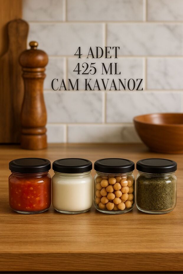 4 Pieces 425 ml Metal Black Canning Jar with Lid for Yogurt, Sauce, Seasoning, Menemen 425 Cc Glass Jar