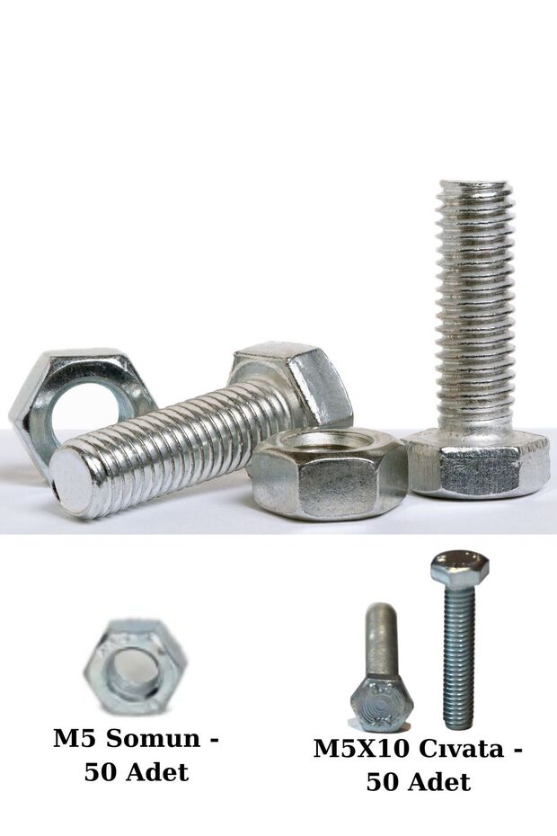 Altıgen Cıvata ve Somun Seti - 50 Adet 5x10 mm Altıgen Başlı Civata 50 adet M5 Somun - 1