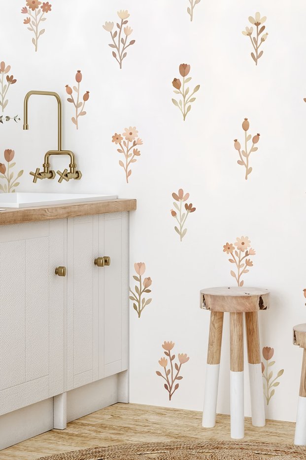 Boho Floral Kids Room Wall Sticker Set - Watercolor Wall Decoration Set