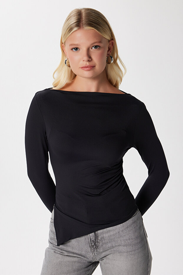 Women's Most Polyamide Asymmetrical Black Long Sleeve Blouse