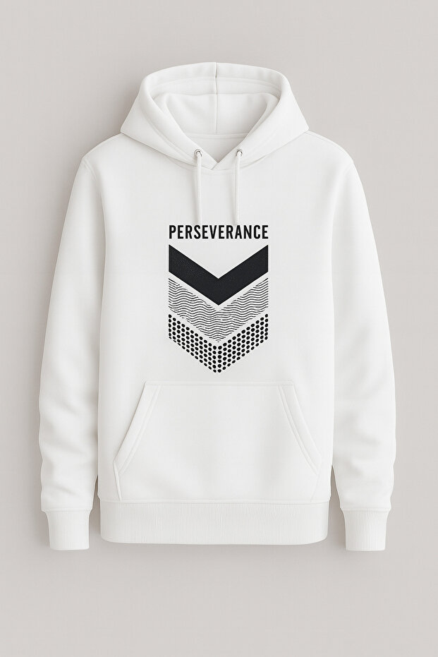 سترة رياضية كبيرة الحجم بقلنسوة وجيب على شكل كنغر مع كتابة 'PERSEVERANCE' على الجهة الأمامية وطباعة هندسية للاستخدام اليومي