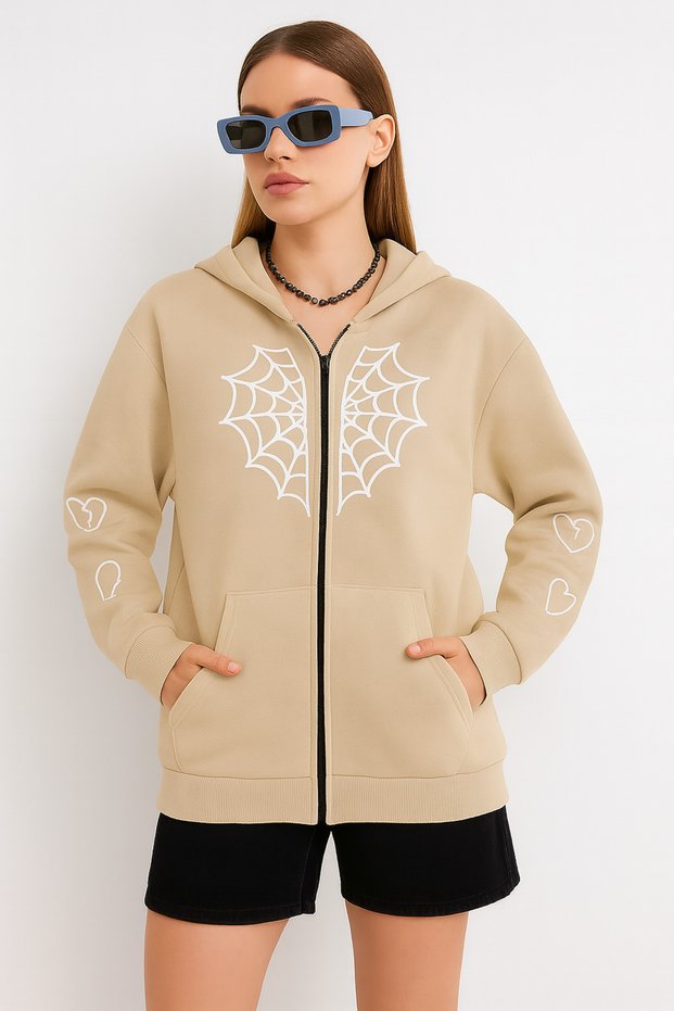 Women's Zippered Hoodie – Spider Web and Heart Pattern Sweatshirt