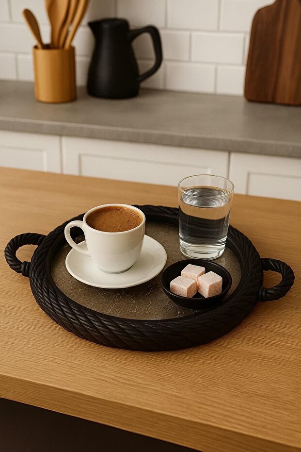 صينية تقديم القهوة من البلاستيك الأسود المستدير بنمط شبكي - 1