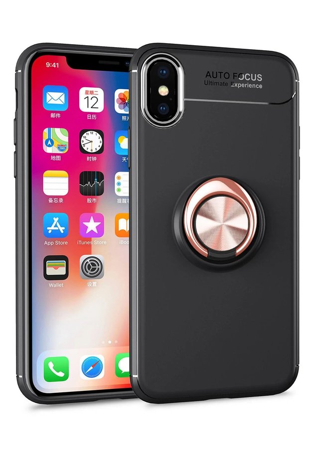 حافظة FLZ-SHOP لهاتف iPhone XS Max من السيليكون مع حلقة - أسود-ذهبي