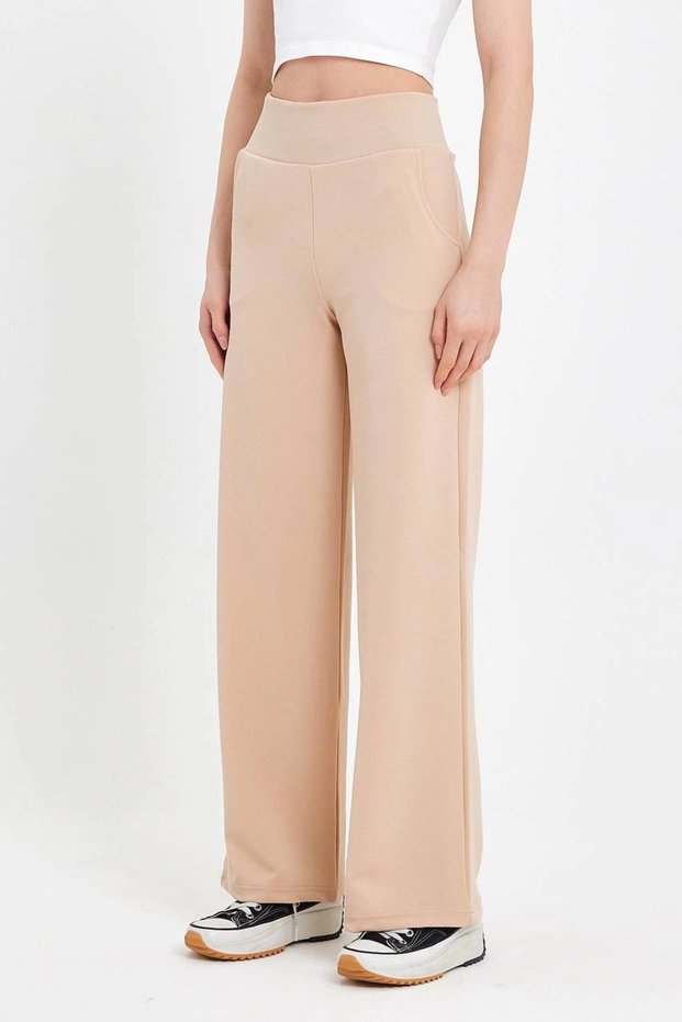 Women's Beige Corsage High Waist Pocketed Palazzo Wide Leg Crepe Fabric Trousers