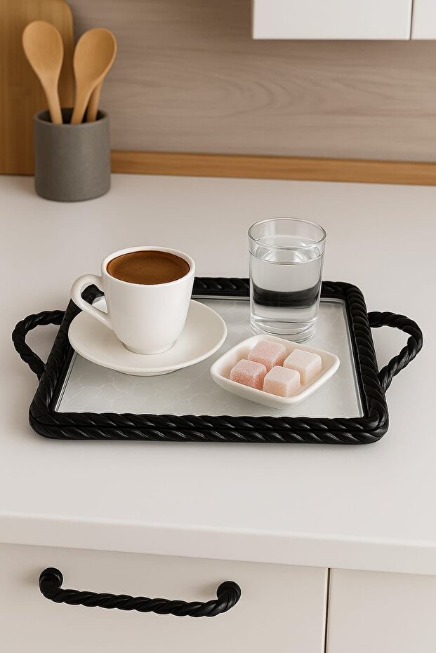 3 Adet Kahve Sunum Tepsisi örgü desenli dikdörtgen Siyah - 2
