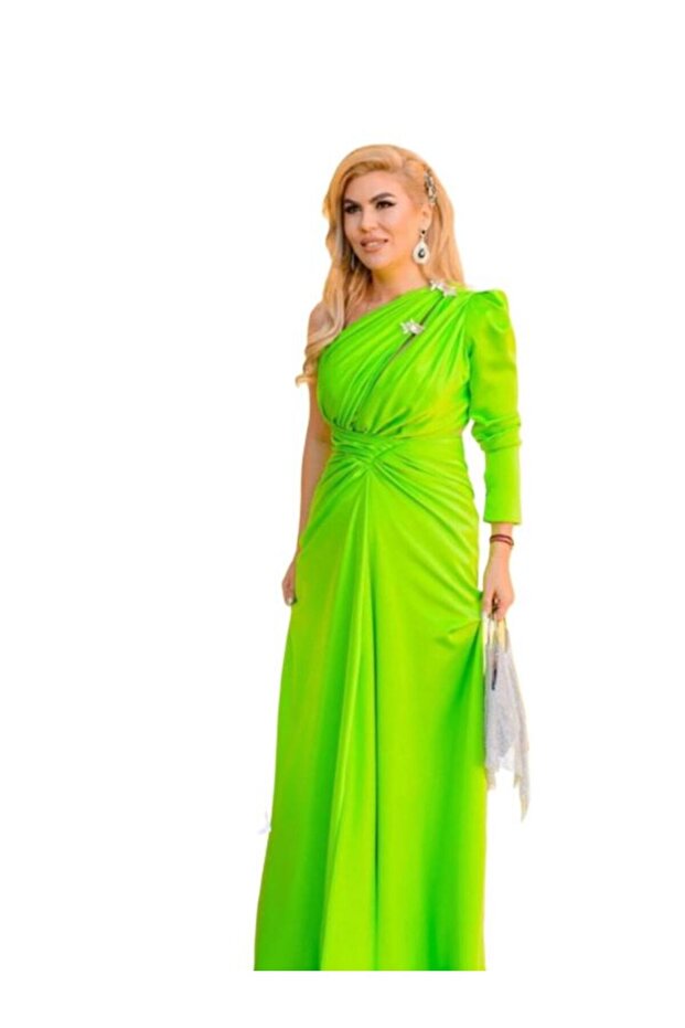 Rochie Elegantă Lungă Verde Lime, , Rochie de Eveniment / Nașă / Gală - 4