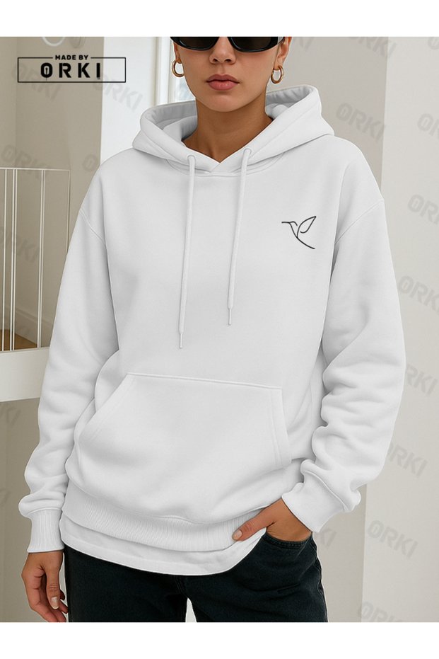 Women's Oversize Hoodie White – Birdline Minimal Bird Detail, Relax Fit