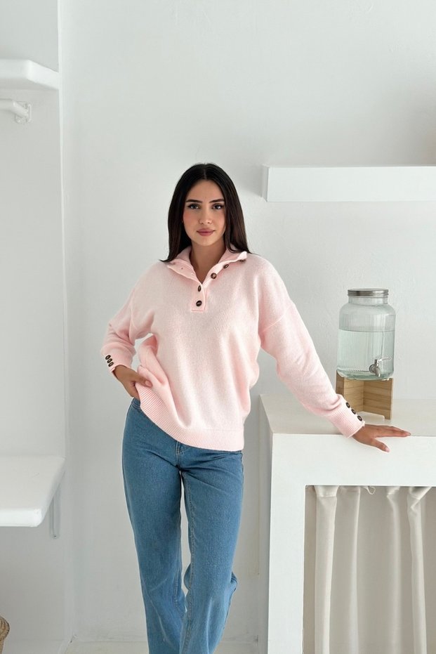 Stand Collar Half Placket Button Soft Textured Knitwear Sweater Aw25Kz0021