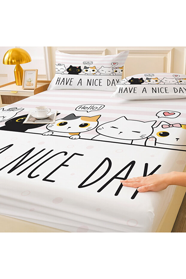Tiny Cat Patterned Elastic Double Bed Sheet Set with Pillowcases 160X200Cm - 3