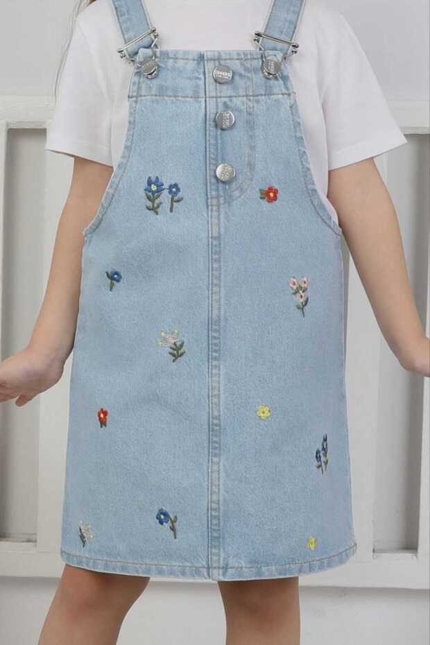 Çiçek İşlemeli Çocuk Kot Jile Elbise - 3