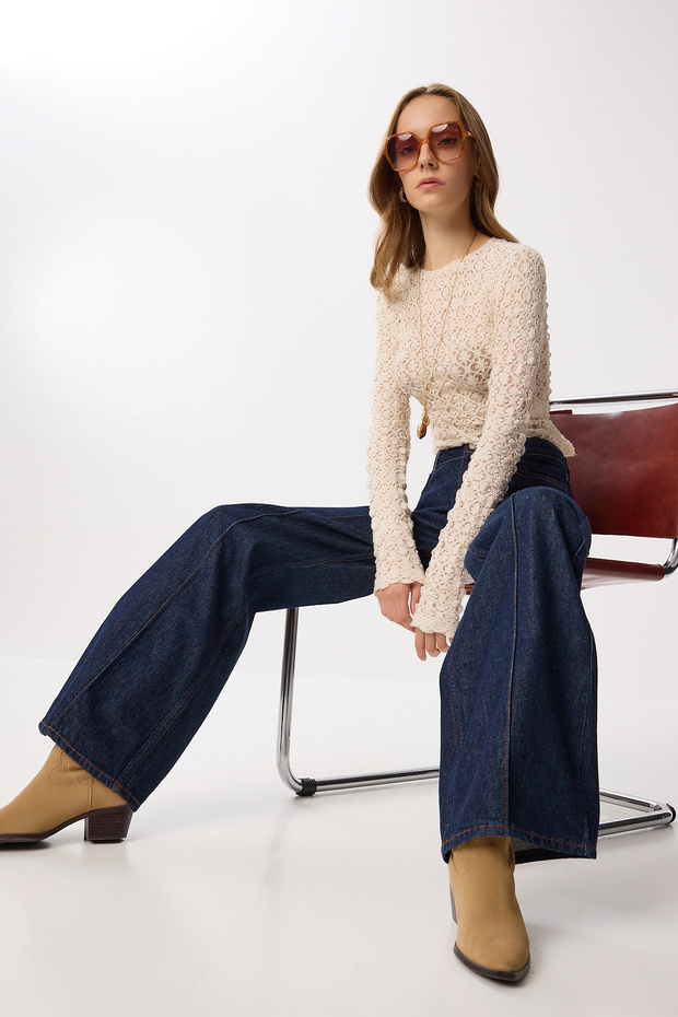 Ribbed Wide Leg Jeans Lut0022 Dark Blue