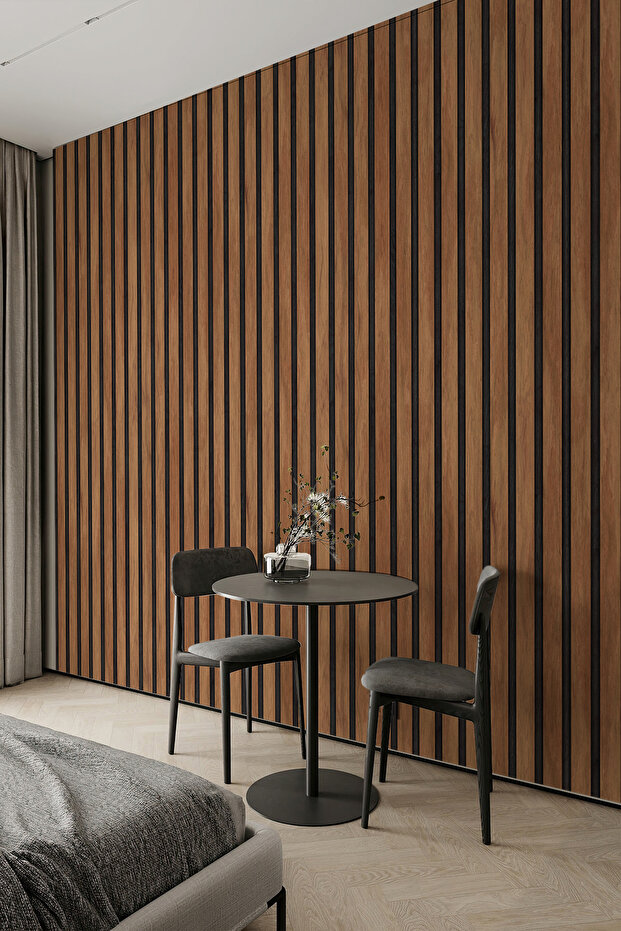 Modern Çıtalı Ceviz Siyah Tekstil Duvar Kağıdı – Tek Parça, Kolay Uygulama - 1