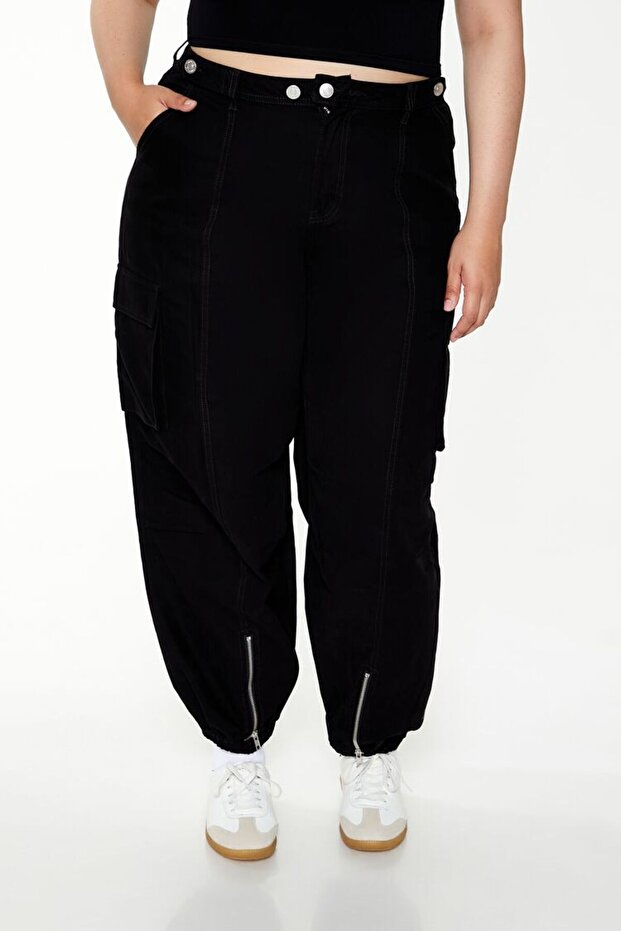 Plus Size Yüksek Bel Kargo Jogger Pantolon - 1