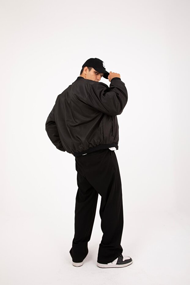 Siyah Oversize Bomber Kolej Ceket - 6