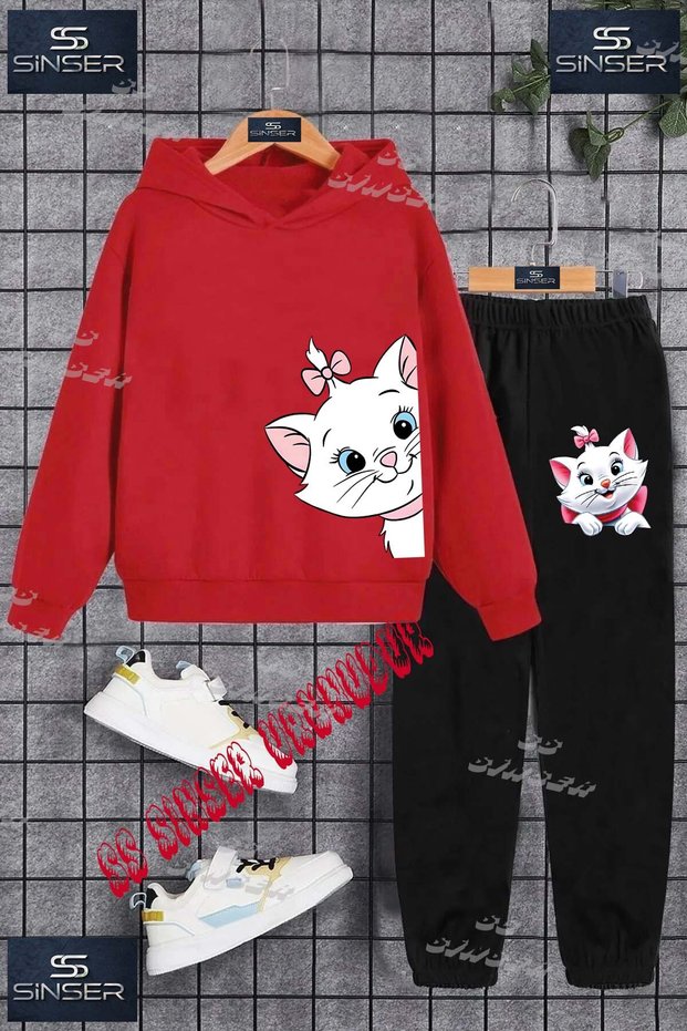 Children's Unisex Custom Printed Hoodie and Sweatpants Set with a Design of a Cat with a Head on the Side and Ribbon