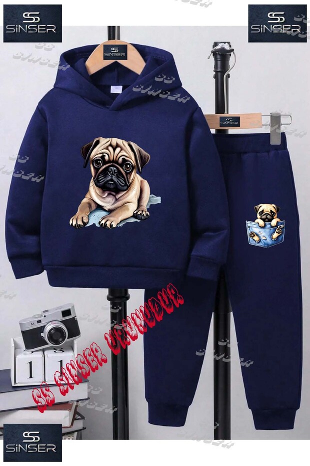 Children's Unisex Custom Printed Hoodie and Sweatpants Set with the Text: "Dog Pug Laying Down".