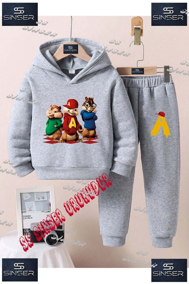 Çocuk Unısex "ALVIN 3LU SINCAP AYAKTA" Özel Baskılı Kapşolu Eşofman Takımı - 1