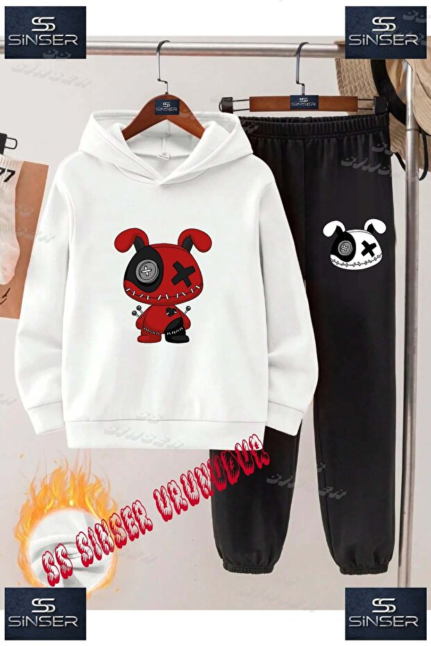 Children's Unisex "Bear Patched Red Black” Special Printed Hooded Tracksuit Set