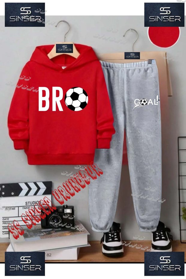Children's Unisex Custom Printed Hoodie and Sweatpants Set with the Text "Bro Top Yazi Beyaz"