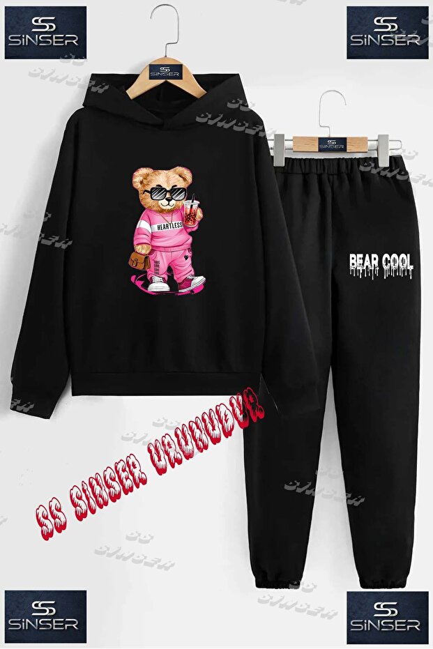 Children's Unisex Custom Printed Hoodie and Sweatpants Set with the Text: "Bear with Pink Clothes Is Drinking Water".