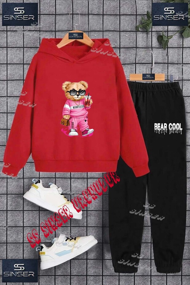 Children's Unisex Custom Printed Hoodie and Sweatpants Set with the Text: "Bear with Pink Clothes Is Drinking Water".