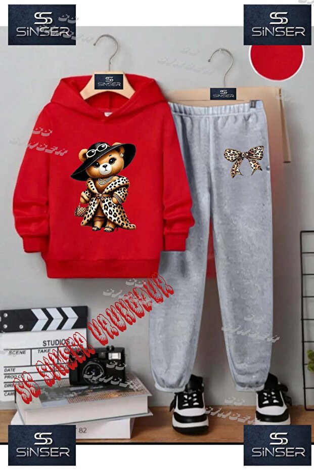 Children's Unisex Custom Printed Hooded Tracksuit Set with Hoodie and Sweatpants, Pattern: Bear with Leopard Coat