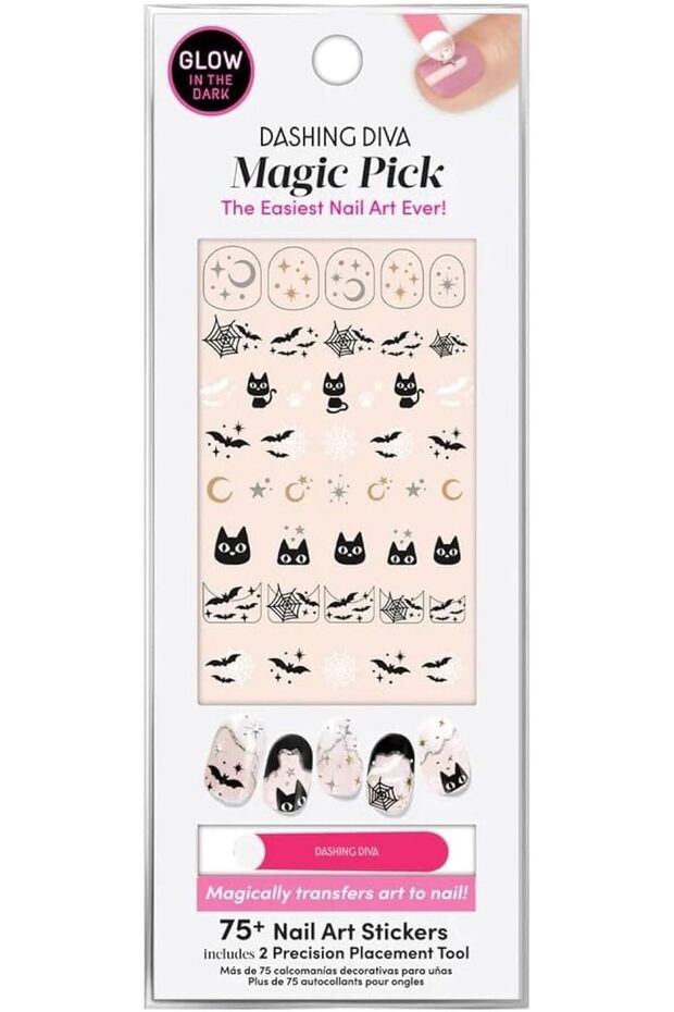 Magic Pick Nail Art Stickers – Glow-in-the-Dark Cats & Bats | 75+ Stickers + 2 Tools Included