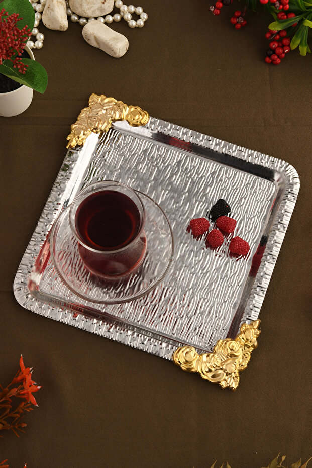 Abra Silver Stainless Patterned Square Corner Coffee and Tea Serving Tray with Gold Flower Detail, Set of 1