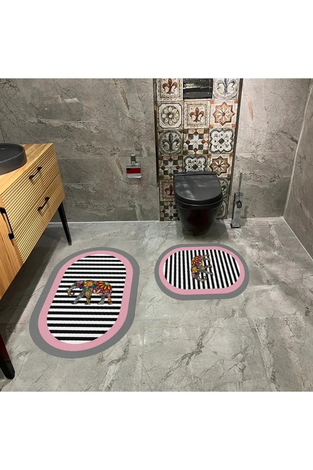 Water-Absorbent Non-Slip Bath Mat Set of 2 with Sponge Filling, Soft-Textured Decorative Set