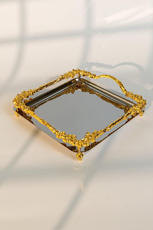 Luxury Gold Rose Detailed Square Serving Tray 21x21 cm – With Legs