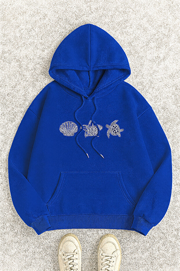 Hooded Kangaroo Pocket Oversized Sweatshirt Sea Shell Floral Turtle Print Casual Daily