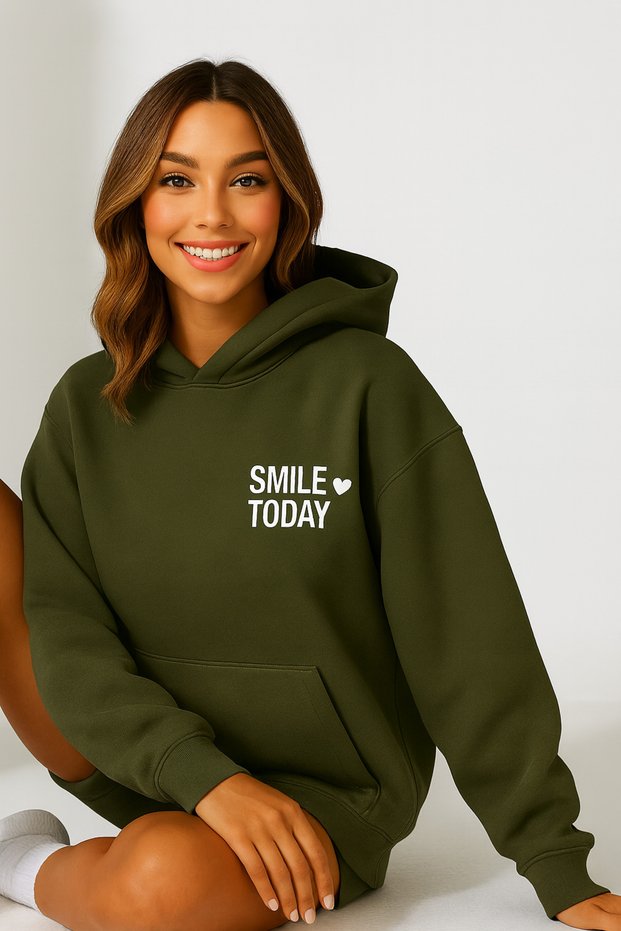 Women's Hooded Kangaroo Pocket Oversize Sweatshirt with Smile Today Lettering on Front Casual Daily Style