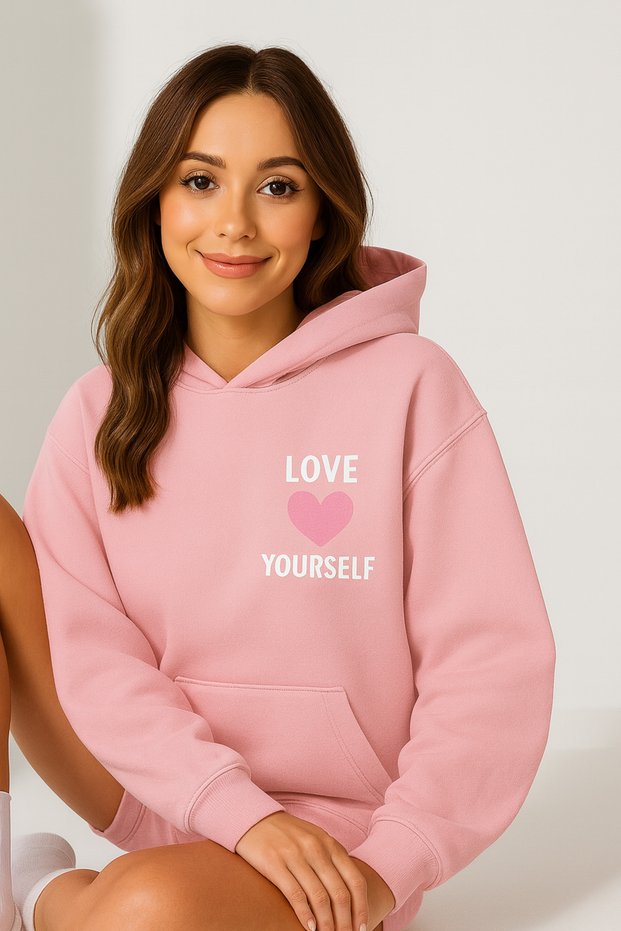 Women's Hooded Kangaroo Pocket Oversize Sweatshirt Front Love Yourself Letter Casual Daily