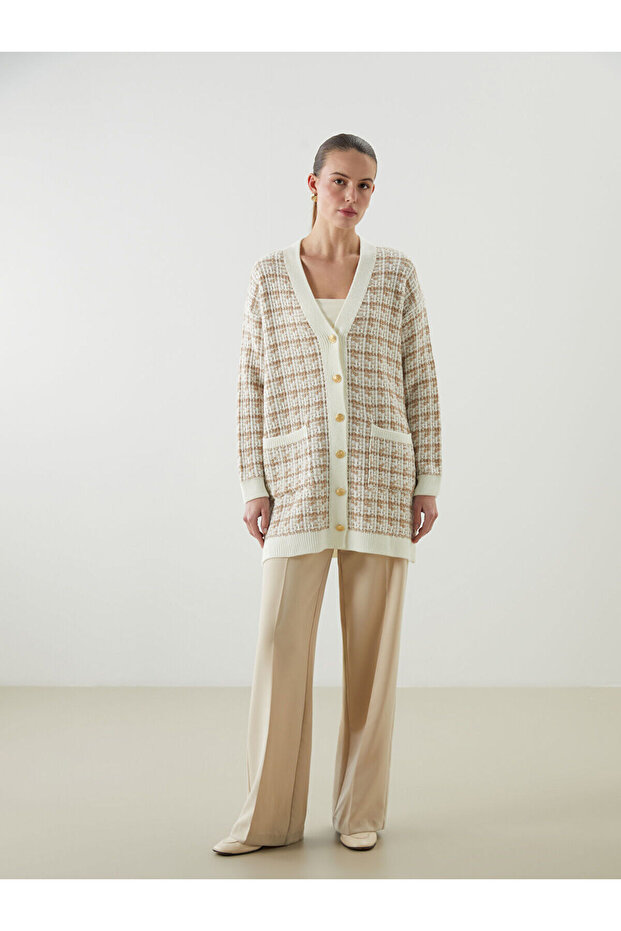 LCWAIKIKI Kadın V Yaka Desenli Triko Hırka - 3