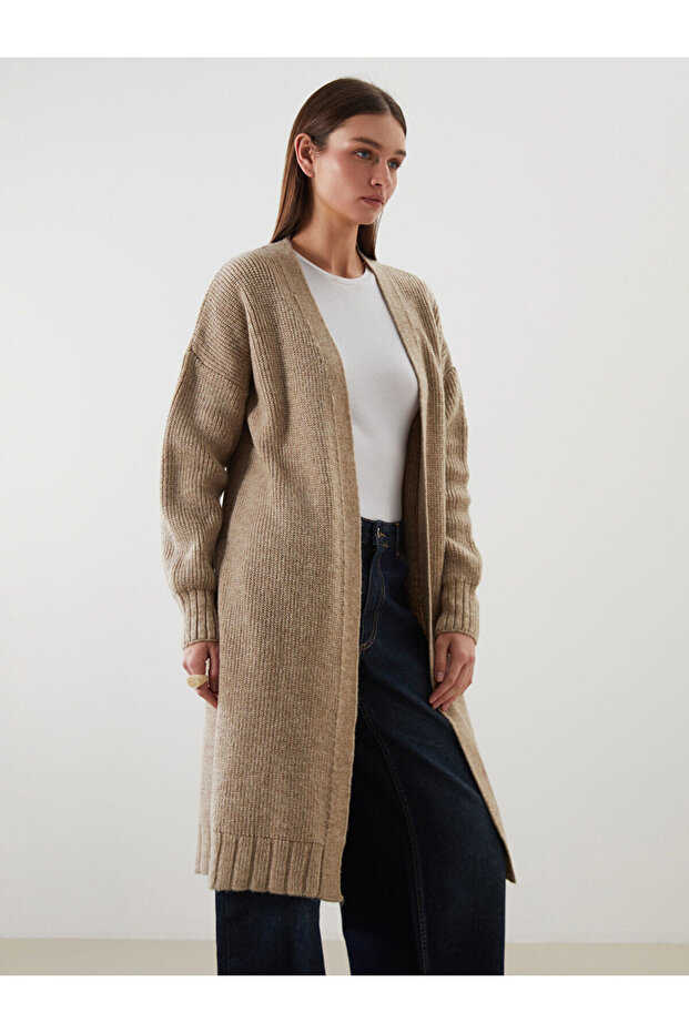 Bej Şal Yaka Oversize Kadın Triko Hırka - 2