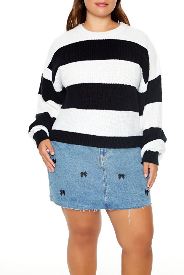 Plus Size Çizgili Kazak - 2