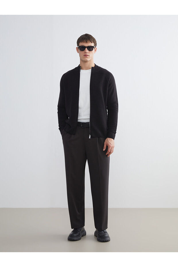 Black Stand Collar Men's Knitwear Cardigan with Pockets - 2