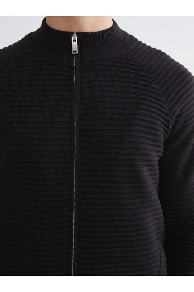 Black Stand Collar Men's Knitwear Cardigan with Pockets - 3