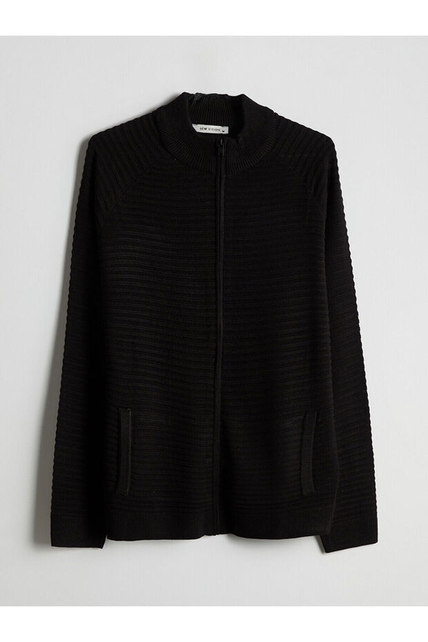 Black Stand Collar Men's Knitwear Cardigan with Pockets - 6