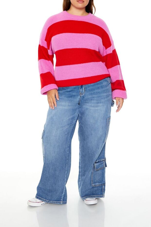 Plus Size Çizgili Kazak - 4