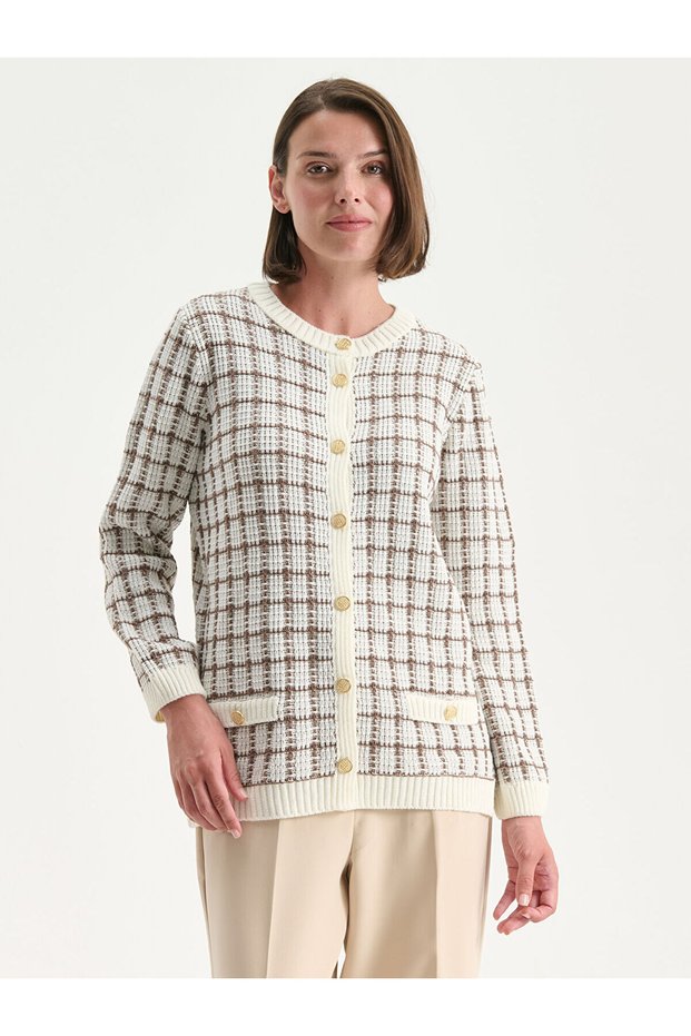 Lcw Crew Neck Plaid Women's Knitwear Cardigan (W5)