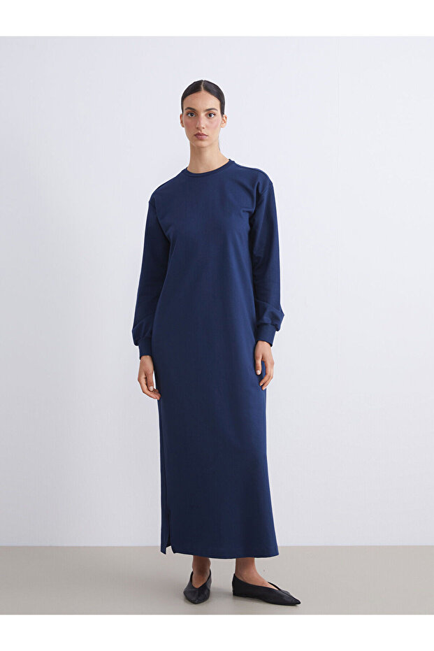 Navy Blue Crew Neck Sweatshirt Dress