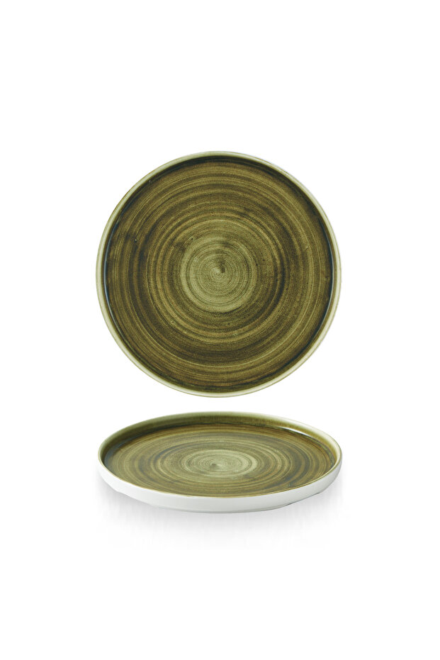 Stonecast Plume Olive Walled Plate, 26 cm, White Base with Olive Green Swirl Pattern
