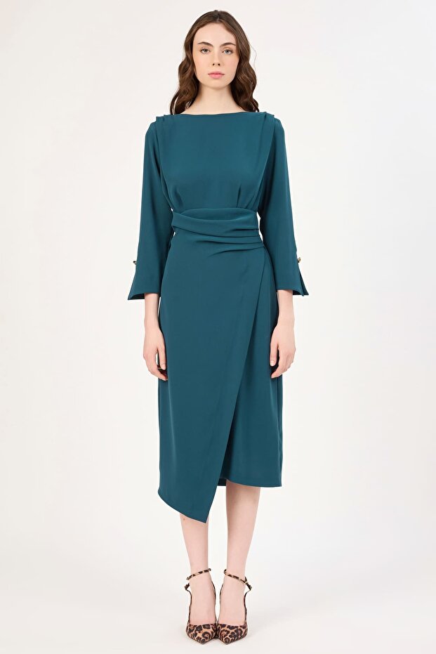 Drape detaylı asimetrik elbise - 2