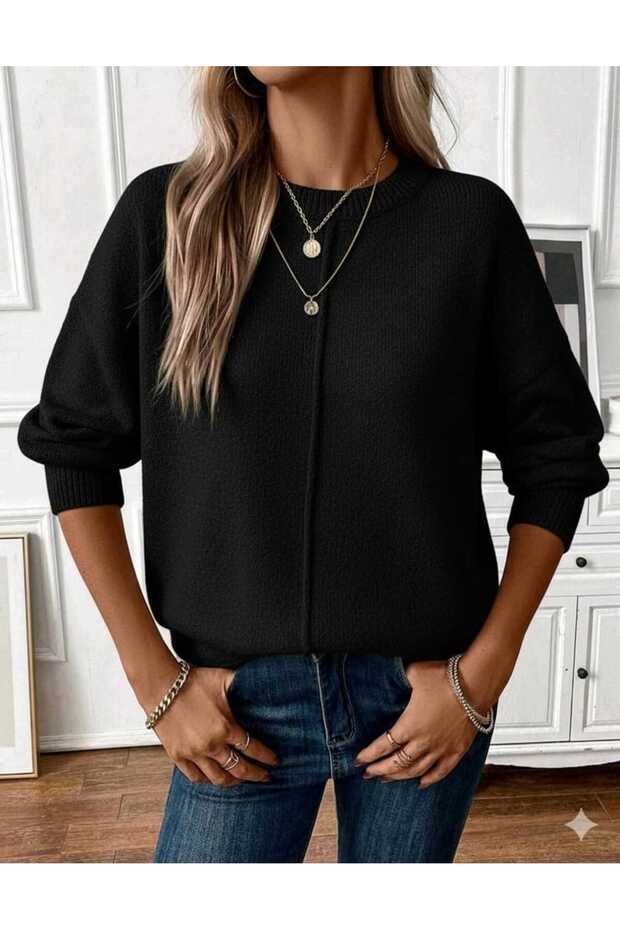 Crew Neck Long Sleeve Loose Model Woven Detailed Knitwear Sweater
