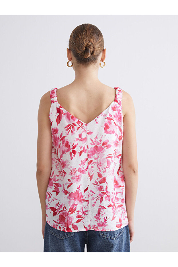 Pembe V Yaka Çiçekli Bluz - 5