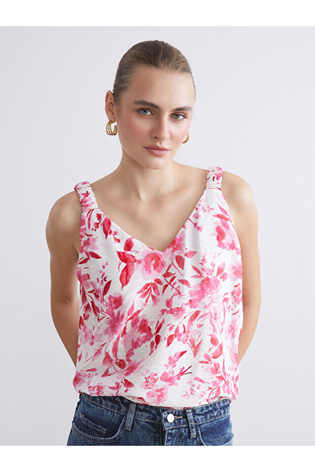 Pembe V Yaka Çiçekli Bluz - 1