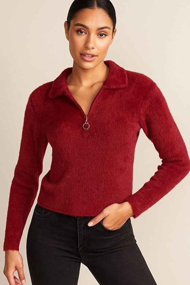 Women's Half Zipper Soft Textured Bearded Knitwear Sweater